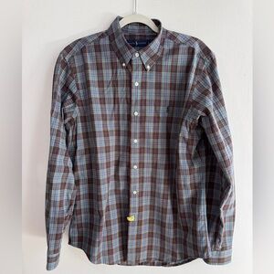 Ralph Lauren Men's Cotton Shirt - Blue with Red, Gold and Black Plaid Pattern